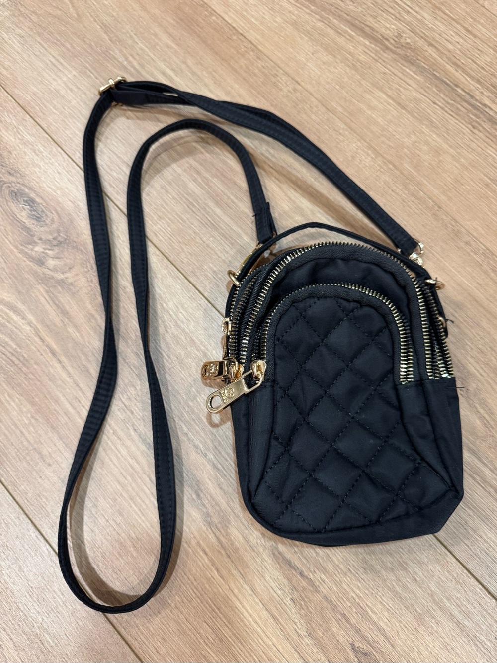 Compact Black Quilted Crossbody with Gold Hardware